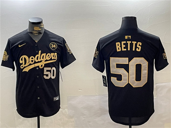 Los Angeles Dodgers #50 Mookie Betts Black Gold 2024 World Series With No. 34 Patch Limited Stitched Jersey - Click Image to Close